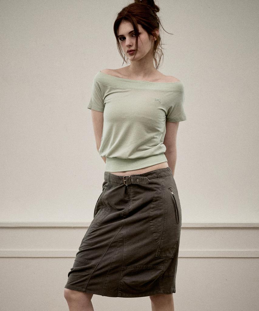 KITTY POTTERY Sheer Off-Shoulder Short-Sleeve T-Shirt [Ice Lime]