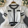 Summer Women Knitted Sweater Suit Short Sleeve Single Breasted Cardigan Top and Ankle Length Pant Two Piece Set For College Girl