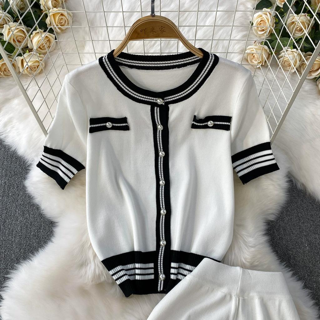 Summer Women Knitted Sweater Suit Short Sleeve Single Breasted Cardigan Top and Ankle Length Pant Two Piece Set For College Girl