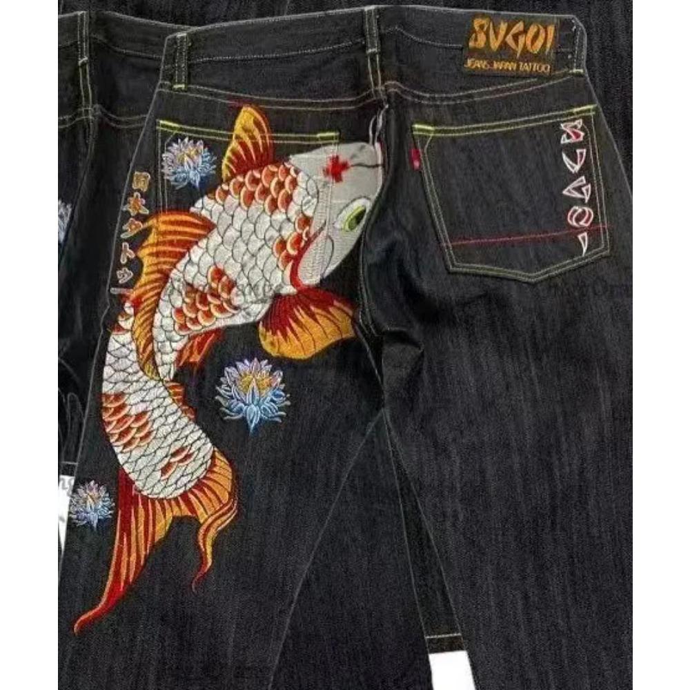 RogueWave Japonské Retro Personalizované Tištěné Džíny s Vysokým Pasem pro Páry s Velkými Kapsami pro Street Wear Y2K Džínové Kalhoty