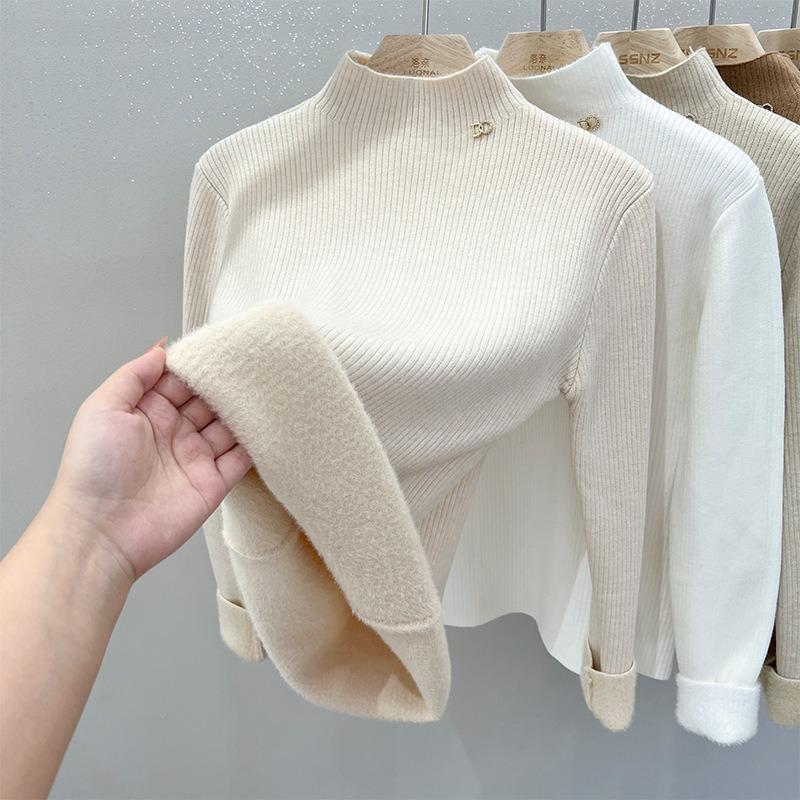 One-piece Fleece Fabric Solid Color Fleece Thickened Bottoming Shirt Women's Autumn and Winter with Semi-turtleneck Knitted Sweater