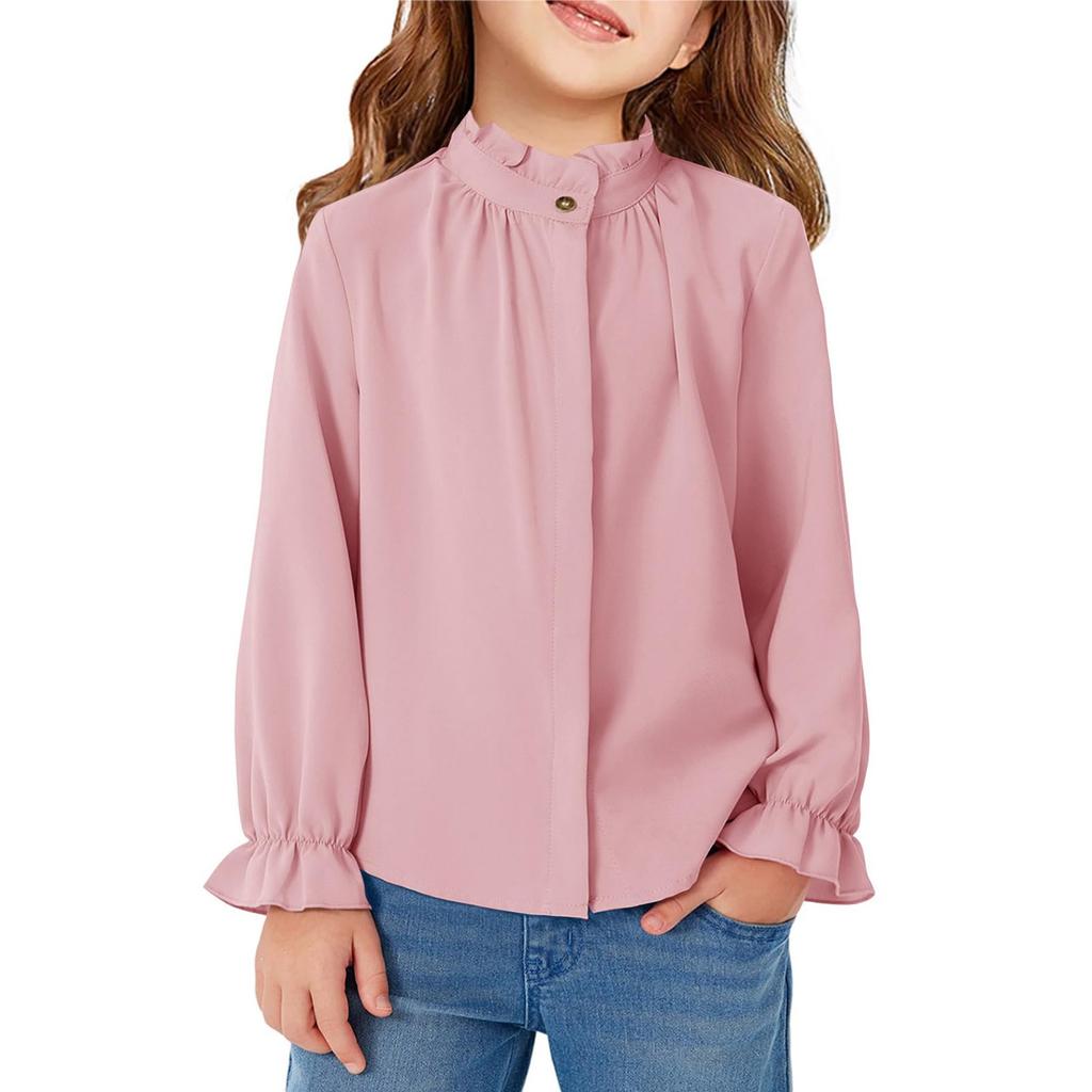 Girls' Ruffled Blouse - Solid Color Stand Collar Shirt