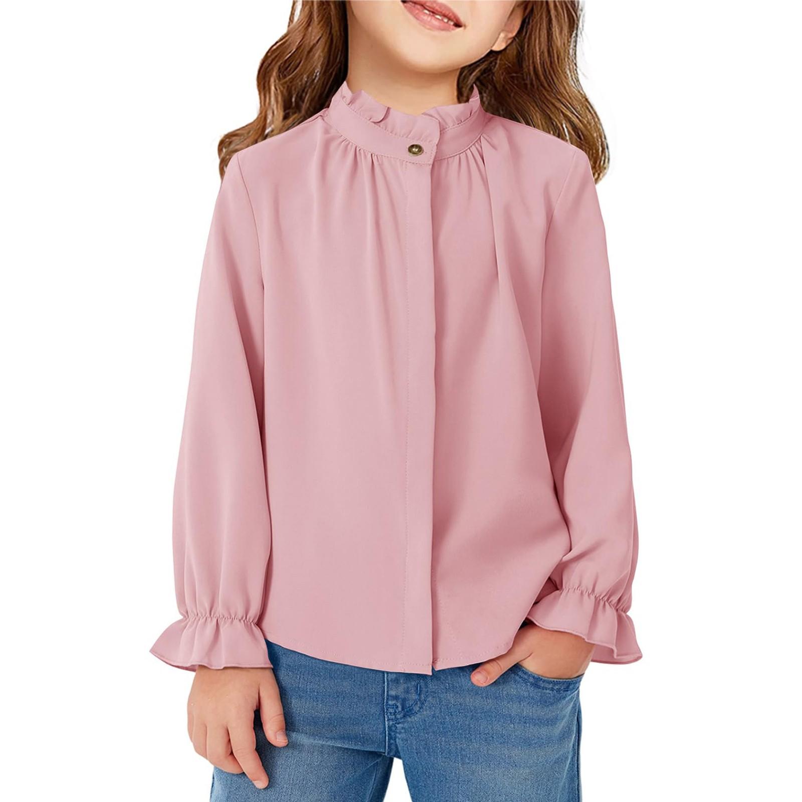 

Девичья блузка с оборками - Однотонная рубашка со стойкой 150 розовый