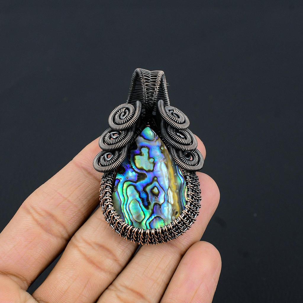 Abalone Shell 999 Copper Wire Wrapped Pendant, Handmade Gemstone Pendant Jewelry, Gifts For Wife Brand New Pendant