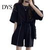 Lady Homewear Clothes 2 Pcs/Set Women Summer Tracksuit Round Neck Half Sleeves Loose Top Drawstring Shorts Set High Elastic Waist Solid Color