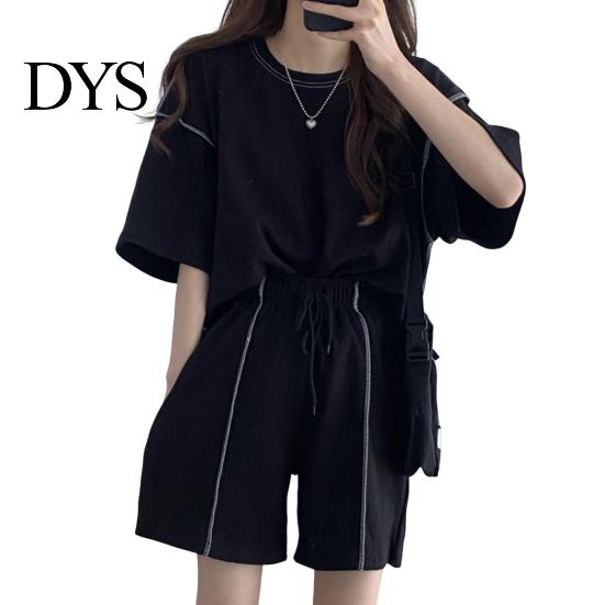 Lady Homewear Clothes 2 Pcs/Set Women Summer Tracksuit Round Neck Half Sleeves Loose Top Drawstring Shorts Set High Elastic Waist Solid Color