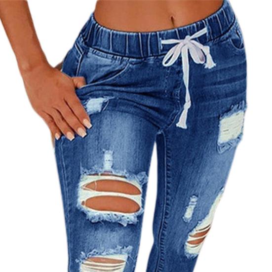 Women Jeans Ripped Hole Stretchy Summer Slim-fitting All Match Denim Pants for Daily
