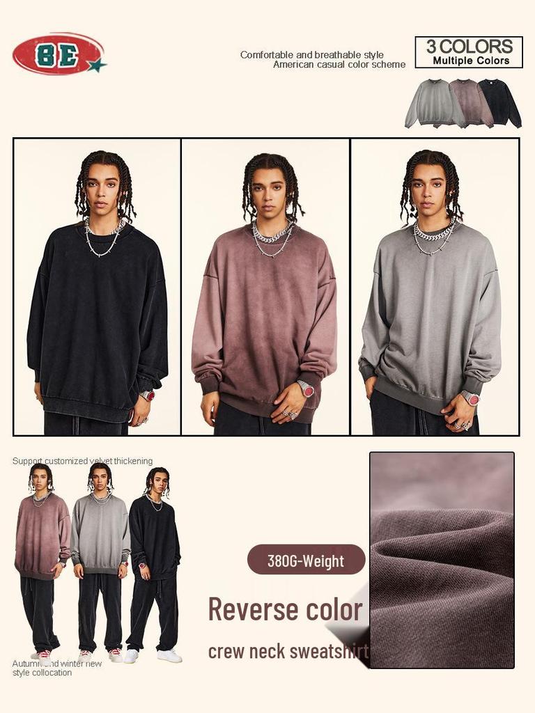 BE Men's Fashion | 2025 Autumn Oversized Round Neck Sweatshirt - European & American Trend, High-Quality, Basic Style, Washed Loose Fit
