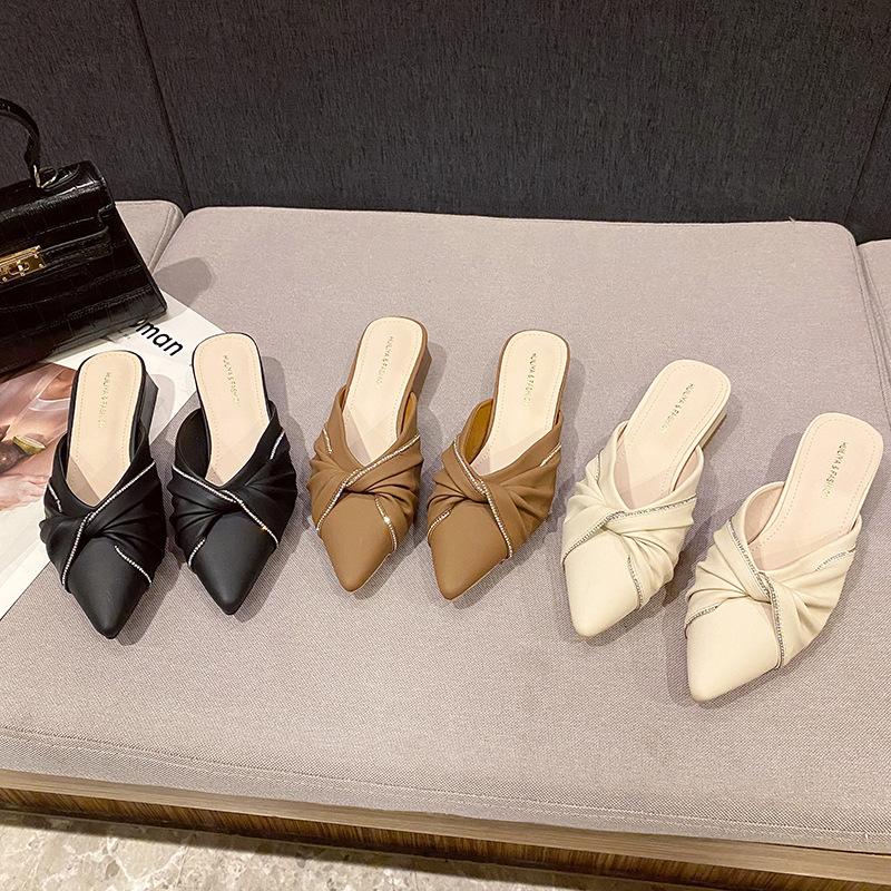 Cool Slippers Women's Spring and Summer Medium Heel Thick Heel Bag Head Single Shoes Pointed Half Slippers Women's Outer Shoes 6011-3 Comfortable