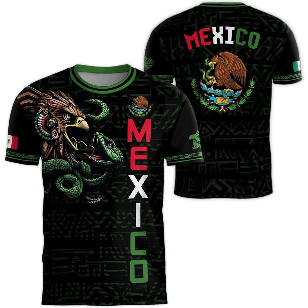 Mexiko Nationalflagge Print T-Shirt für Männer Lustiges 3D-Adlermuster Kurzarm-T-Shirts Outdoor Fußball Sportbekleidung Lässige Oberteile