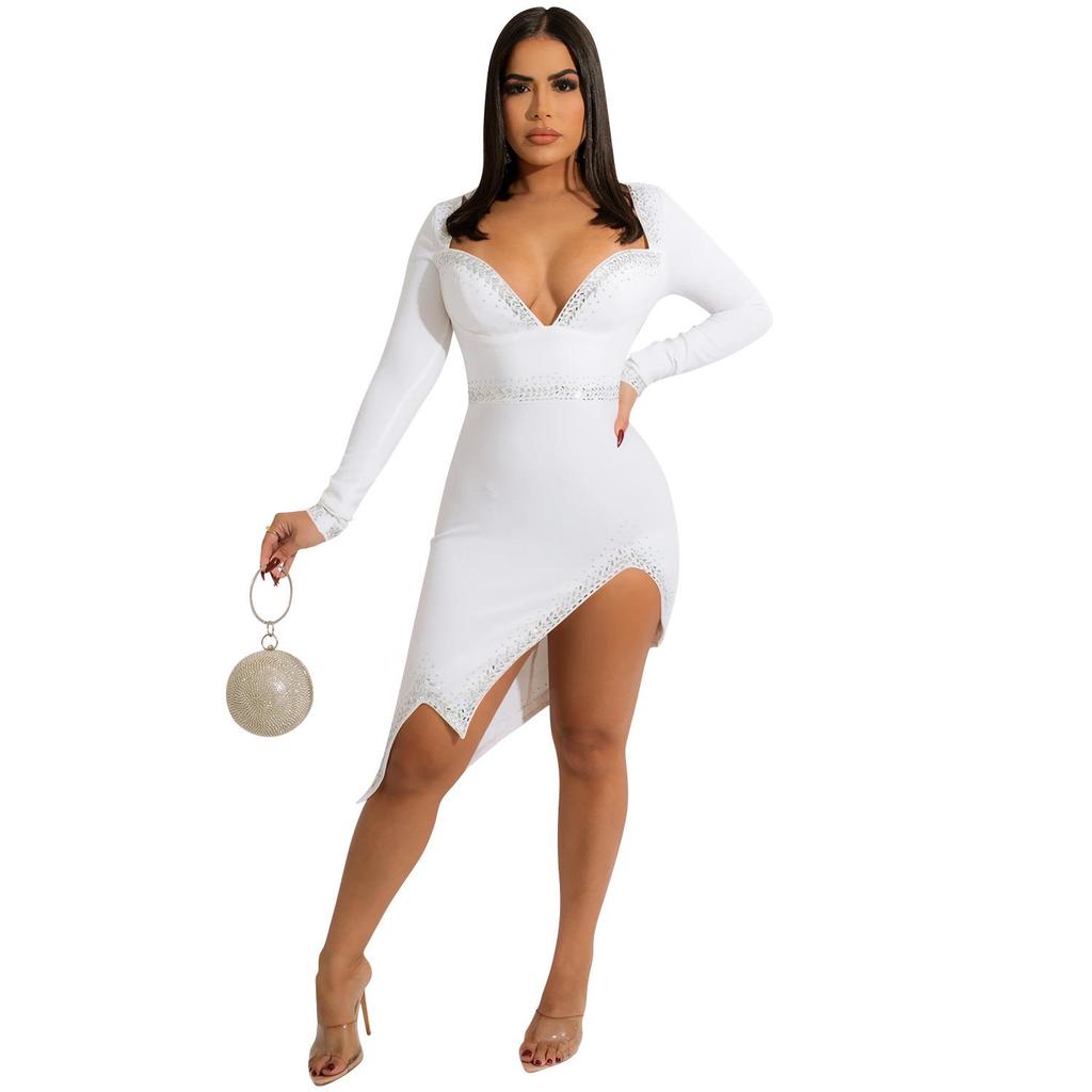 Rhinestone V-Neck Sexy Slit Long Sleeve Irregular Dress for Women
