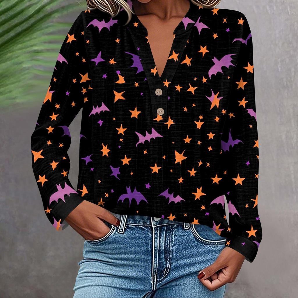 Dame Moteabel Og Casual Skjorte Langermet V-hals Knapp Trykt Bluse Topp