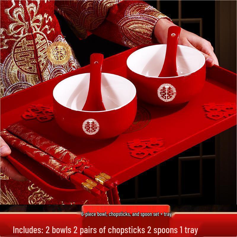 Wedding Red Tea Set: Pair of Happy Bowls, Chopsticks, Tea Cups, and Toasting Collection