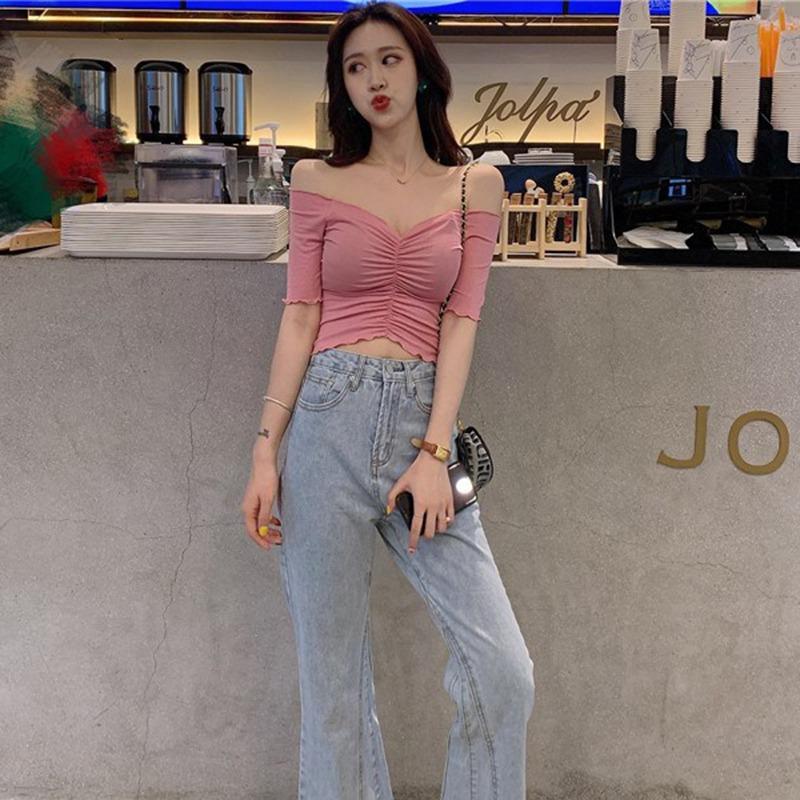 Women's Top Ruched V Neck Solid Short Sleeve Knitted Slim Crop Tops T-Shirt