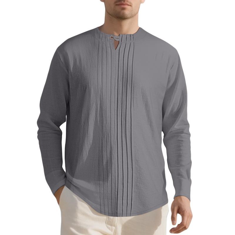 New Men's Casual Loose Long-sleeved T-shirt TK Press-pleated Cotton Linen Henry Collar Linen Beach Shirt
