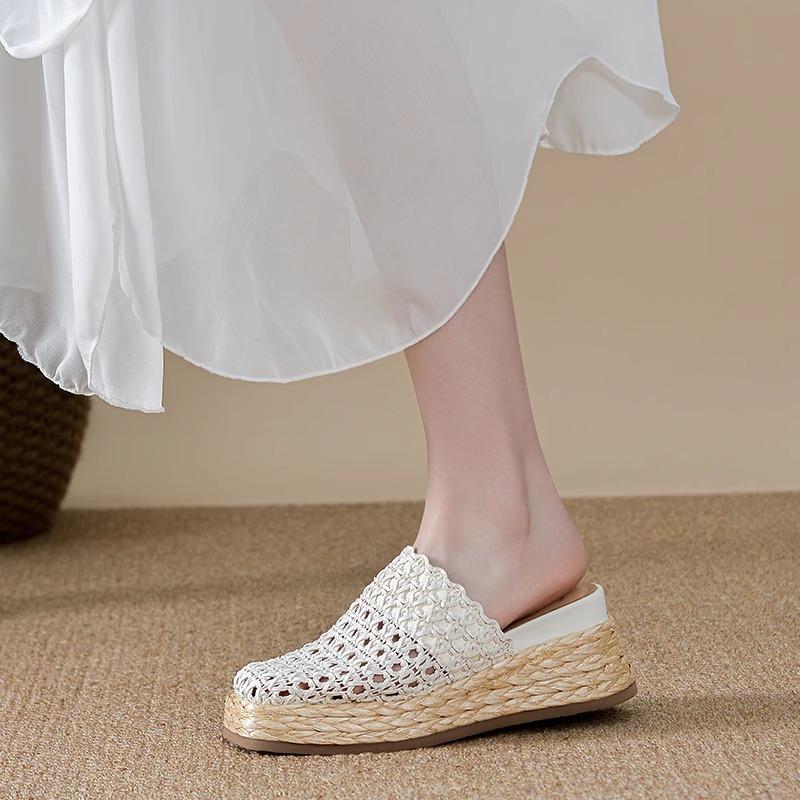 Baotou Summer Thick-soled Wedge Heels Women's Shoes with Perforated Mesh Half Slippers
