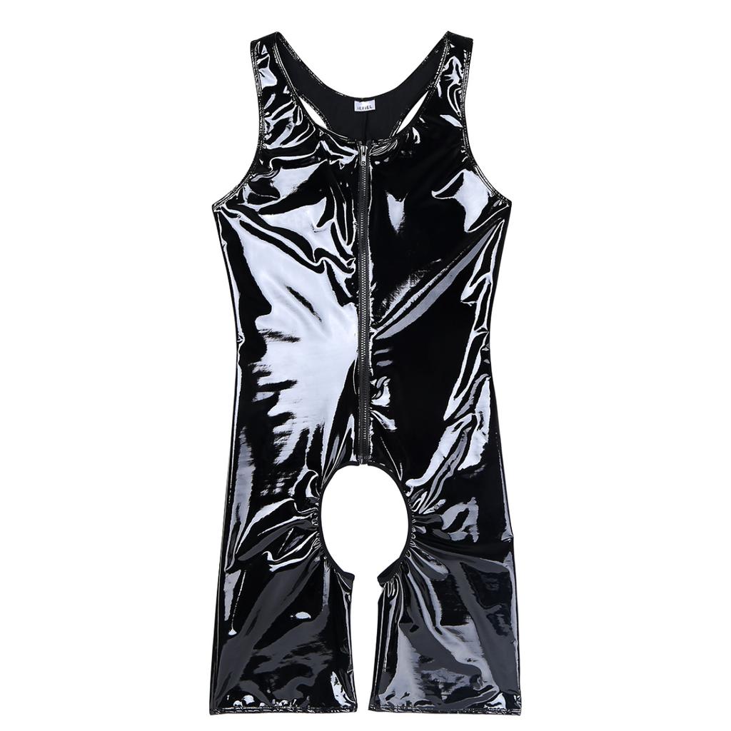 Sexy Men One-piece Tight Crotchless Underwear Shiny Leather Wrestling Singlet Jockstrap Bodysuit Swimwear