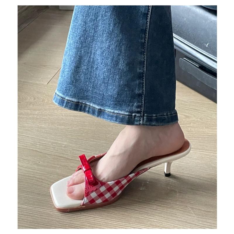 

Fashion Design Shoes Retro Plaid Bow Sandals Kitten Heels French Style Peep Toe Shoes Mixed Color Sweet and Cute Women s Vocation Shoes 40 красный