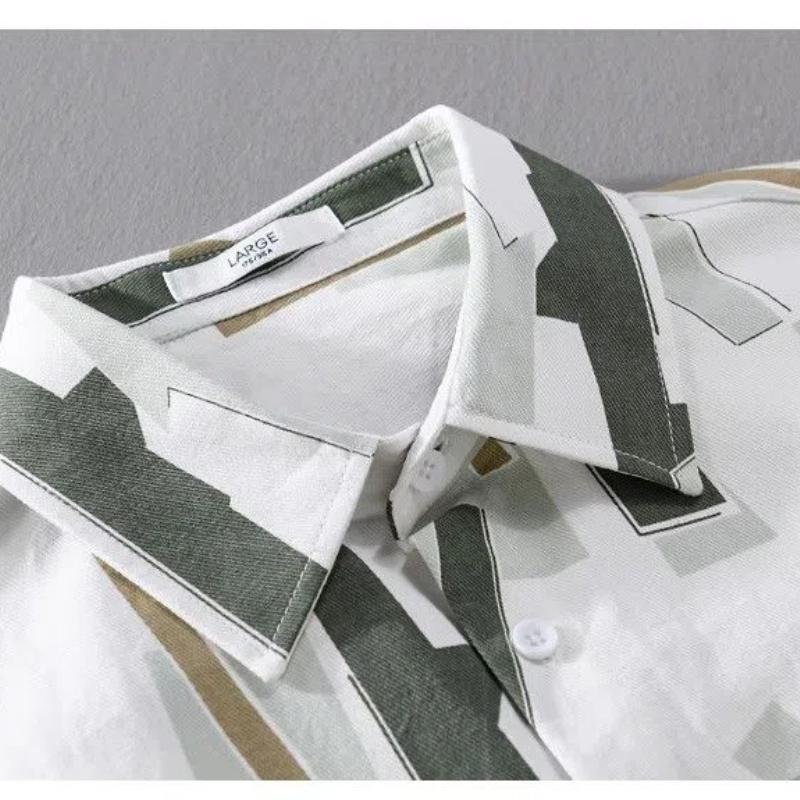 Summer Men's New Splicing Square Collar Button Pocket Printed Trendy Minimalist Casual Loose Fashion Long Sleeve Shirts