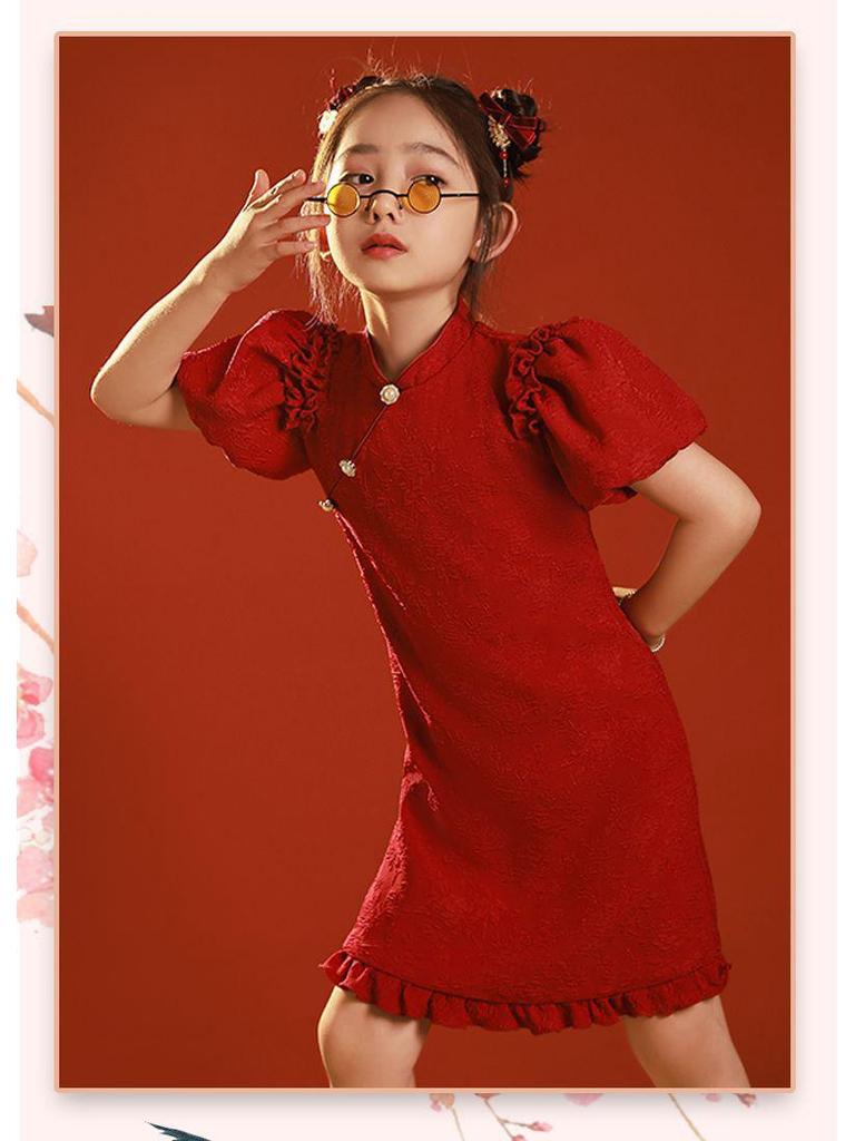 Retro Rotes Qipao Sommerkleid für Mädchen - Chinesischer Stil Prinzessin Bühnenoutfit