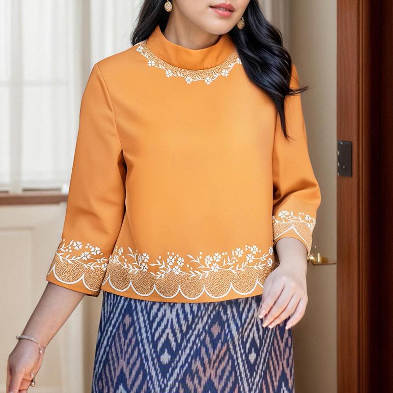 

ZANZEA Женская повседневная блузка свободного кроя с воротником-стойкой и рукавами 3/4 с этническим принтом 4XL жёлтый