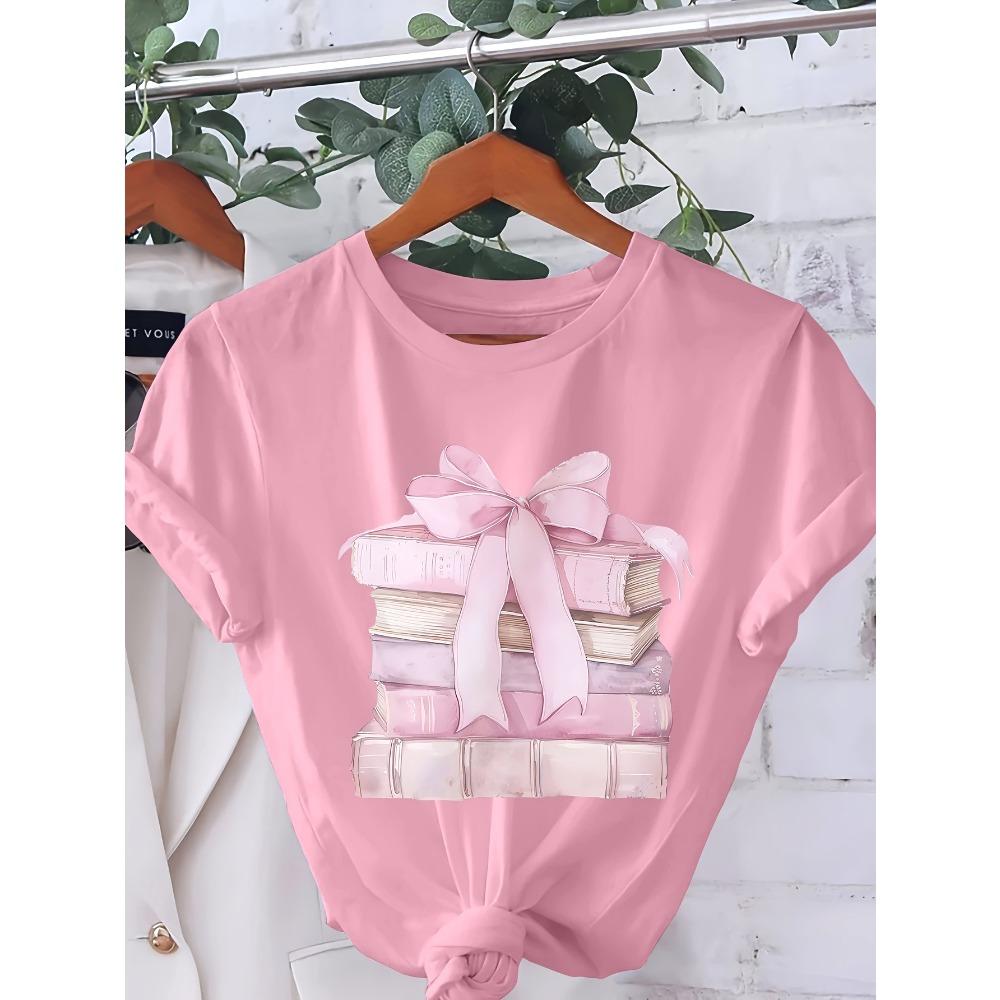 Women's Flirty Books Pile with Bow Graphic Print T-Shirt Soft Pink Short Sleeve Crew Neck Casual Top