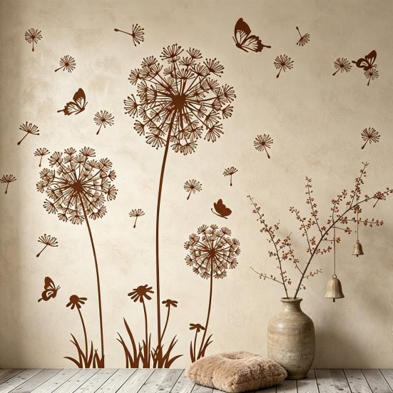 2 Sheets Dandelion Wildflower Wall Decals Peel And Stick Floral Butterflies Wall Stickers