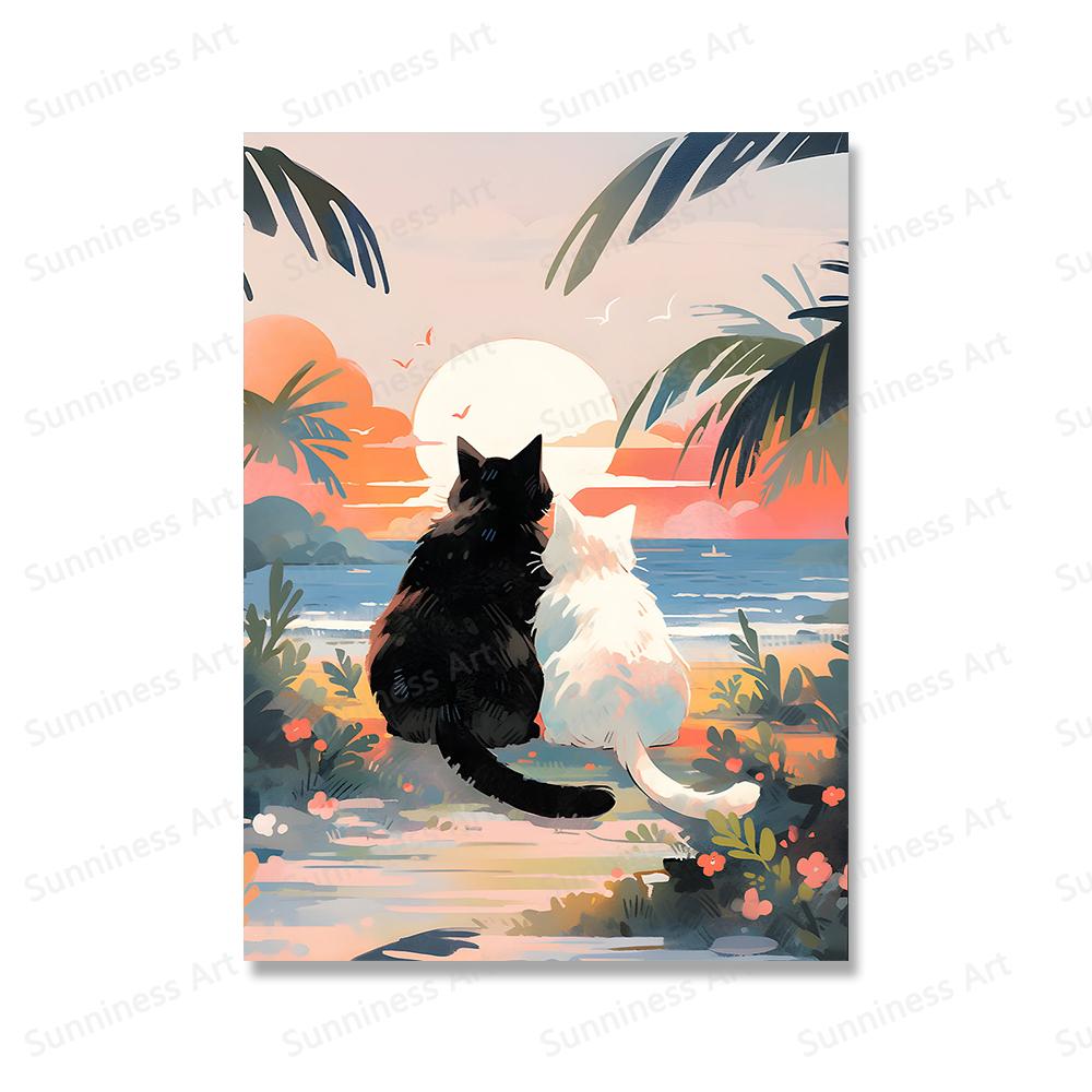 Valentinstag Geschenk Romantische Schöne Katze Paar Sonnenuntergang Strand Poster Leinwand Malerei Wand Kunst Druck Mama Geschenk für Zimmer Home Decor