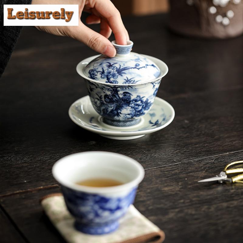 150ML Antique Blue And White Porcelain Gaiwan Retro Ink Flower And Bird Tea Tureen Tea Making Cover Bowl Tea Services Craft Gift