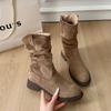 New Autumn and Winter Maillard Medium Boots Children's Western Cowboy Pile Boots Thick-soled Martin Boots Single Boots