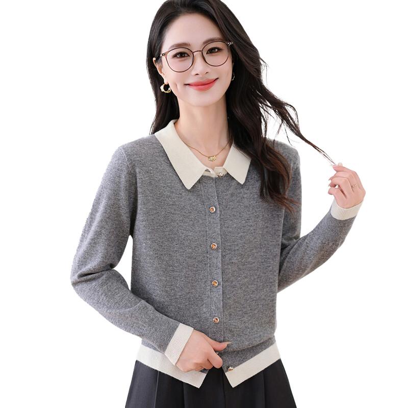 Hengyuanxiang Women's 100% Wool Color Block Cardigan