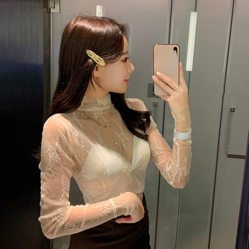 Top Donna A Maniche Lunghe In Pizzo Trasparente E Rete - Crop Top Floreale Con Scollatura A Girocollo, Vestibilità Slim, Abbigliamento Streetwear