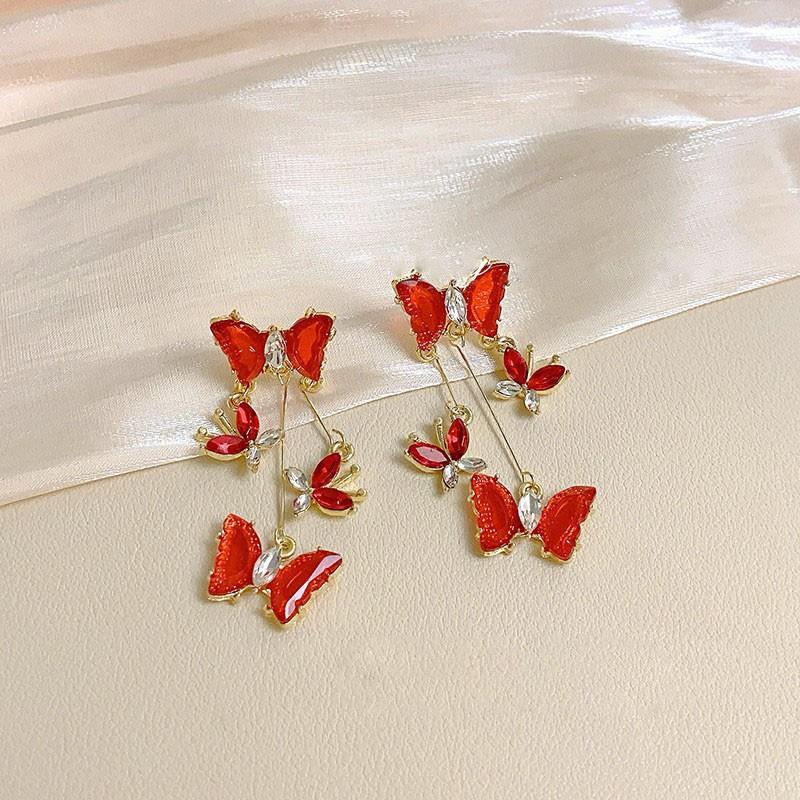 925 Silver Needle Green Red Butterfly Long Tassel Earrings For Women Jewelry Trending Korean Fashion Crystal Drop Earrings