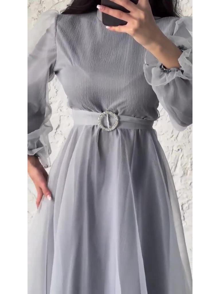 2024 Elegantes Damenkleid mit hohem Halsausschnitt, Netzstoff, schlankmachend, Laternenärmel