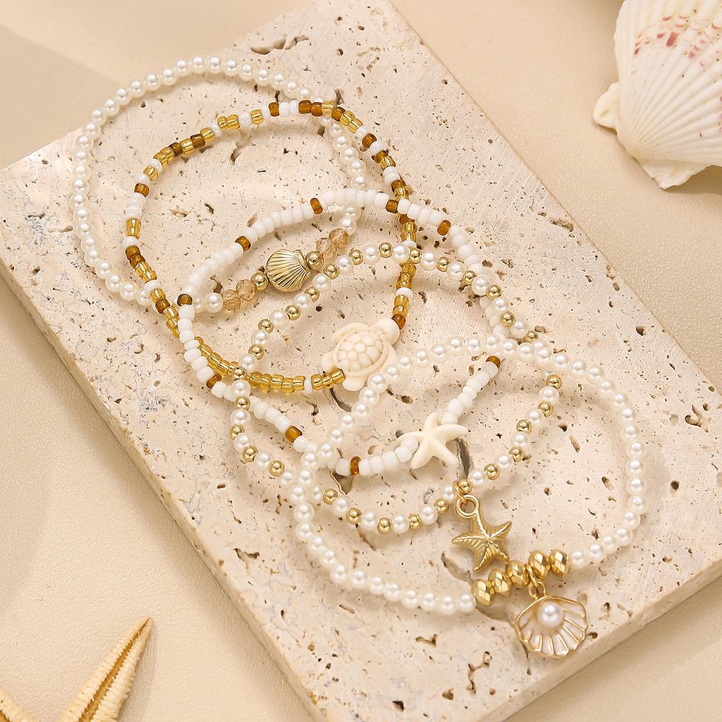 Elegant Multi-layer Imitation Pearl Bracelet Starfish Shell Turtle Pendant Bracelet Women's Summer Party Dating Jewelry