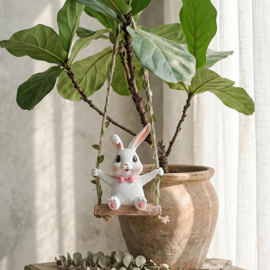 Rabbit on A Swing Ornament Durable Resin Waterproof Hanging Decor with Hemp Rope And Leaf Design Pendant for Tabletop