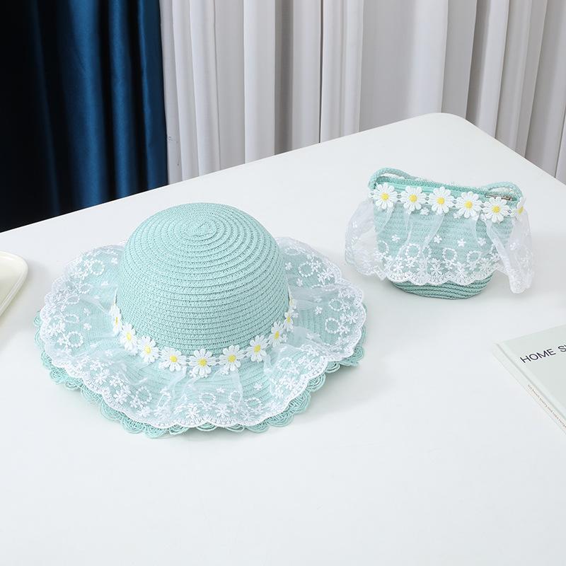 New Baby Straw Hat With Handbag Flower Lace Breathable Beach Hat Bags Kids Hat Boy Girls Floral Sun Visor