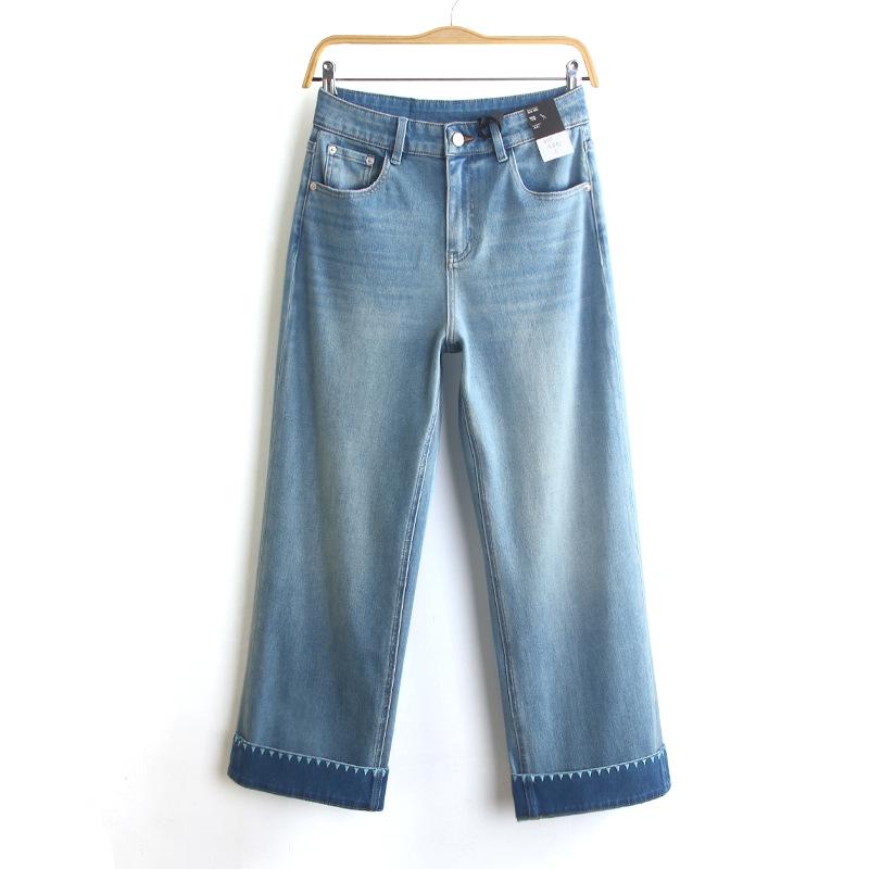 

Spring Style High Waist Straight Leg Jeans with Embroidered Cuffs and Rolled Hem - Women s Elastic Loose Fit, Nine-Tenths Length. L синий