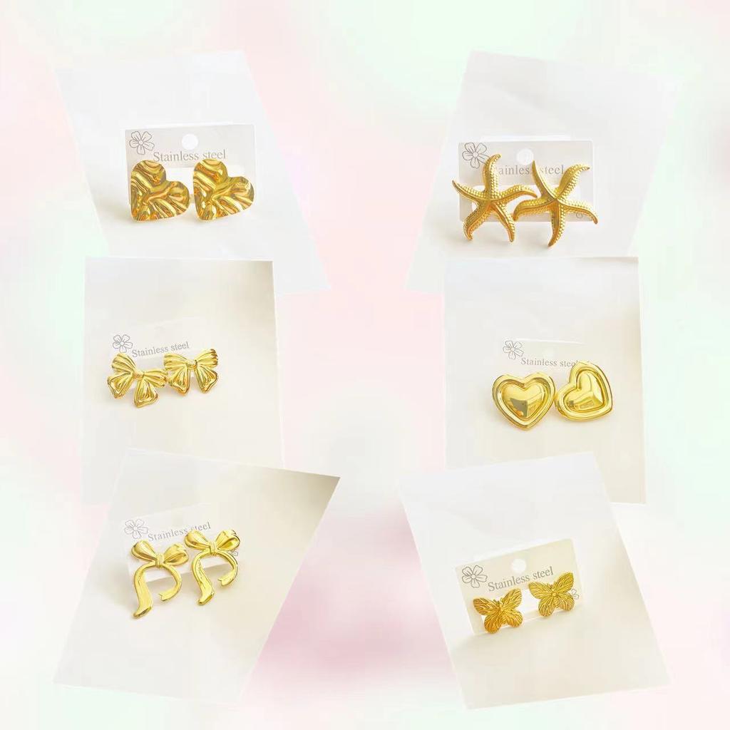 2-8 Pairs 18k Gold Plated Stainless Steel Love Statement Heart Bow Flower Water Droplets Shaped Classic Multi-Style Stud Earring