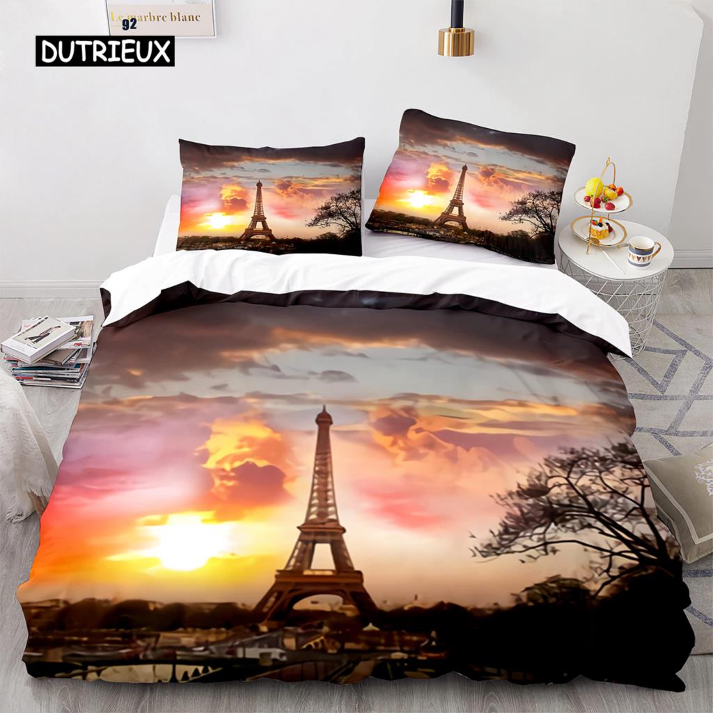 Eiffel Tower Duvet Cover Set King Size Paris Cityscape Twin Bedding Set Modern French Style Polyester Comforter Cover Boys Girls