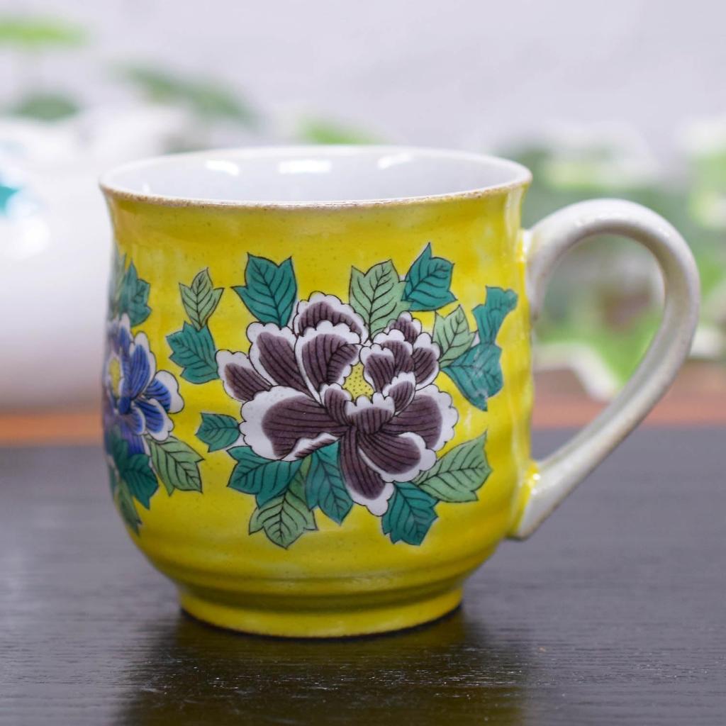 Waza no Kura Stylish Coffee Mug, Kutani Ware Mug Cup, Yoshidaya Peony Design, Ceramic, High-End Brand Tableware, Made in Japan, Perfect Gift for Birth