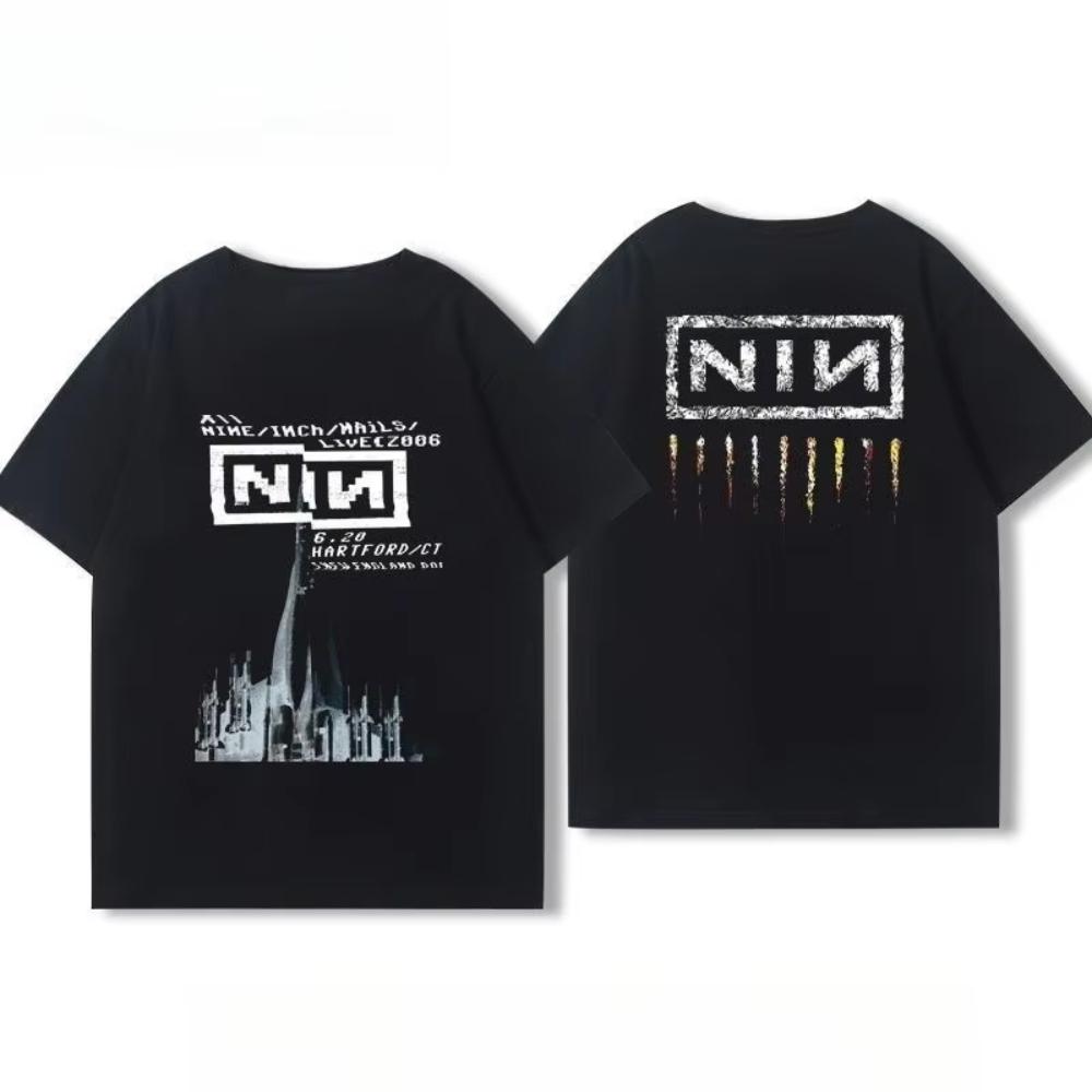 American Mens and Womens Summer Cotton Coat Nine Inch Nails Nine Inch Nails Surrounding Rock Band Short Sleeve Printed Tshirt