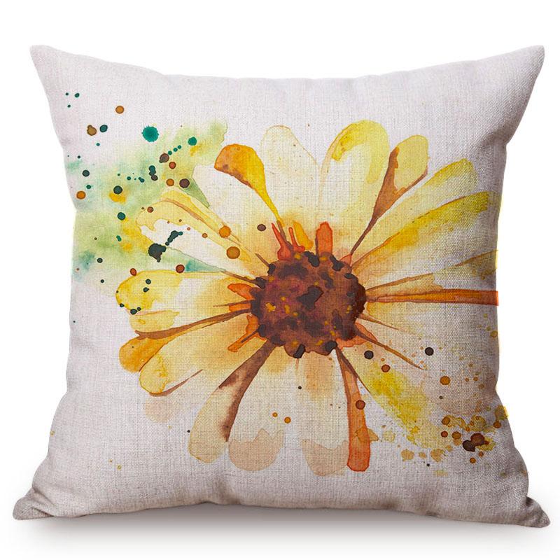 Watercolor Red Flower Splatter Art Sofa Decorative Throw Pillow Case Violet Green Leaves Yellow Petal Cotton Linen Cushion Cover