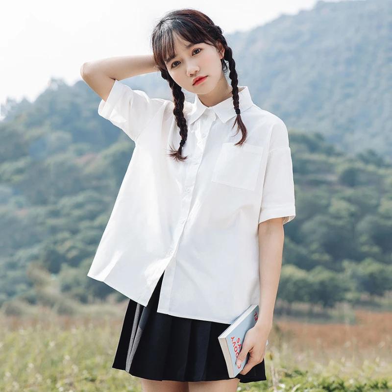 

Женская белая блузка с лацканами в стиле колледжа, летняя рубашка с короткими рукавами и карманом, универсальные свободные блузки для корейских женщин XL
