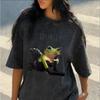 T-shirt Oversize Lavé Noir Vintage Style Grenouille Manches Courtes Col Rond Décontracté pour Femme