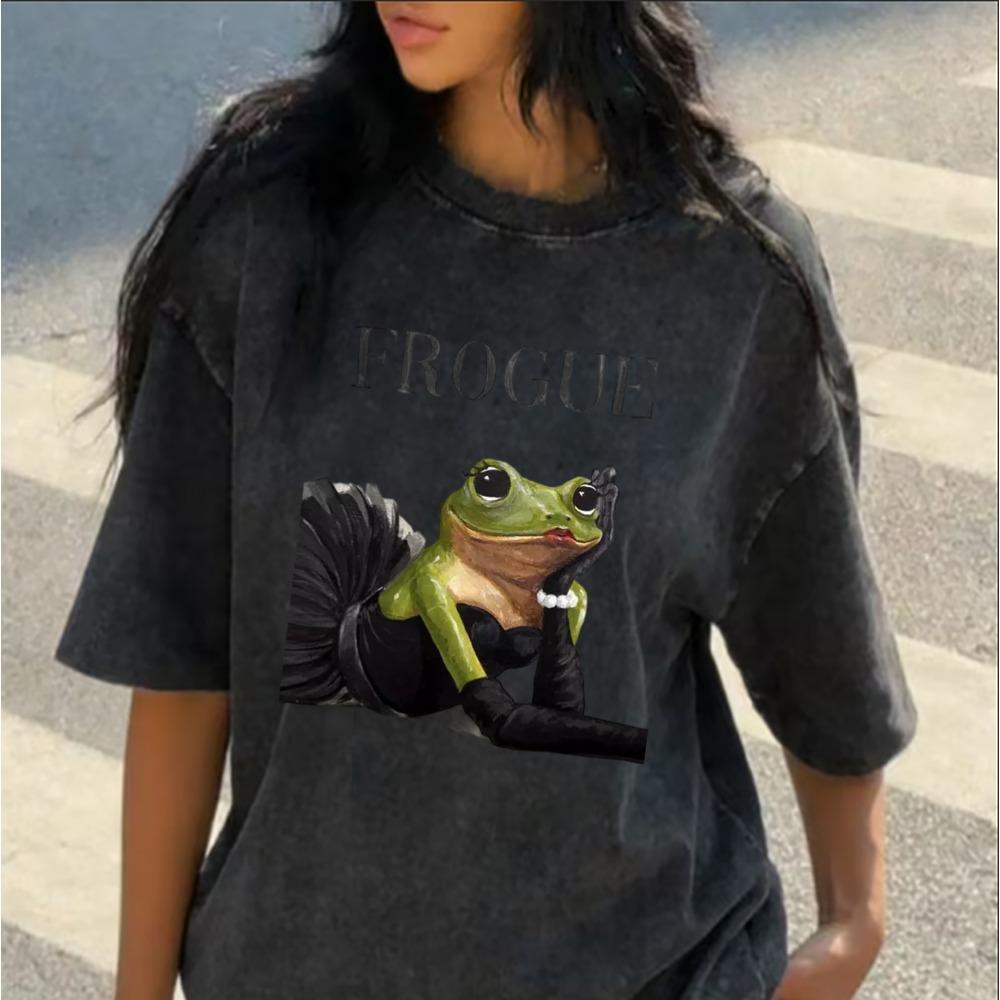 T-shirt Oversize Lavé Noir Vintage Style Grenouille Manches Courtes Col Rond Décontracté pour Femme