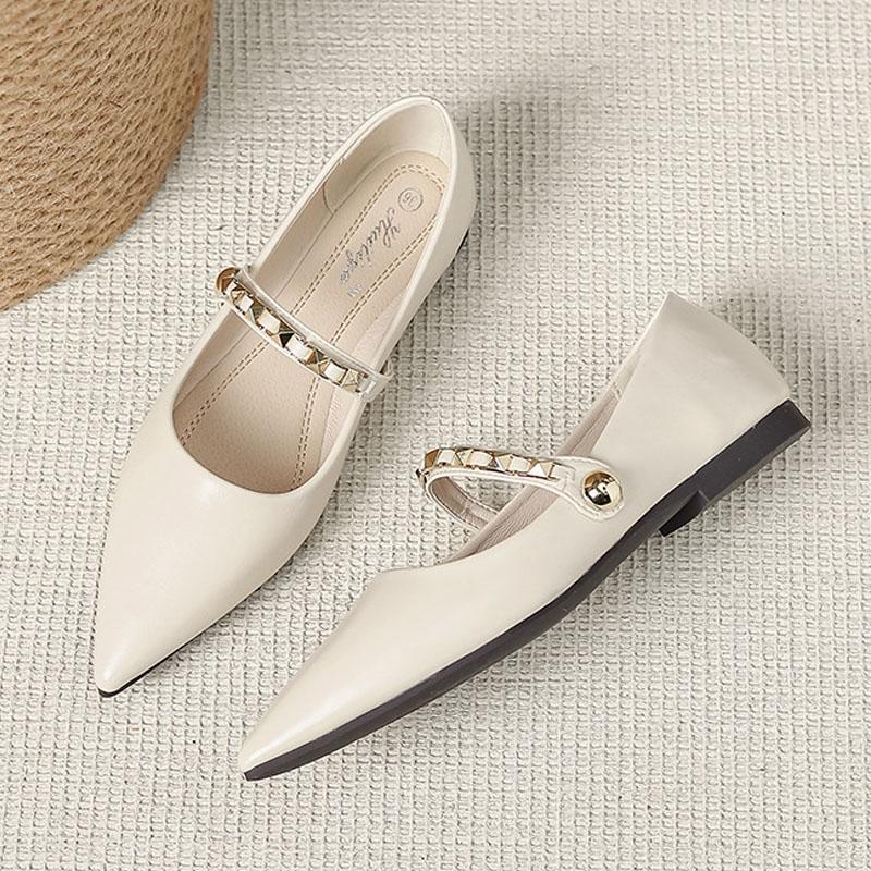 Soft Sole Flats Women's Fashion Rivet Buckle Straps Mary Jane Shoes Elegant Pointed-toe Pumps Lady Microfiber Leather Work Shoes