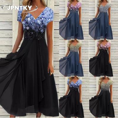 JPNTKYWomen's Fashion Summer Spring Short Sleeve V-Neck Casual Dresses