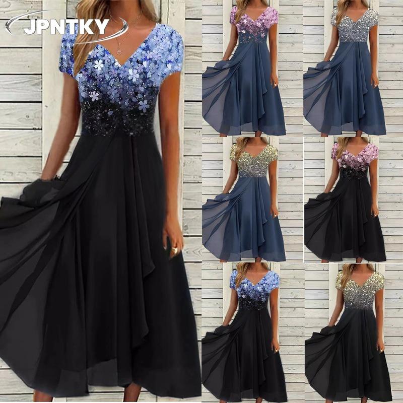 JPNTKY Abiti Casual da Donna alla Moda Estivi Primaverili a Manica Corta con Scollo a V