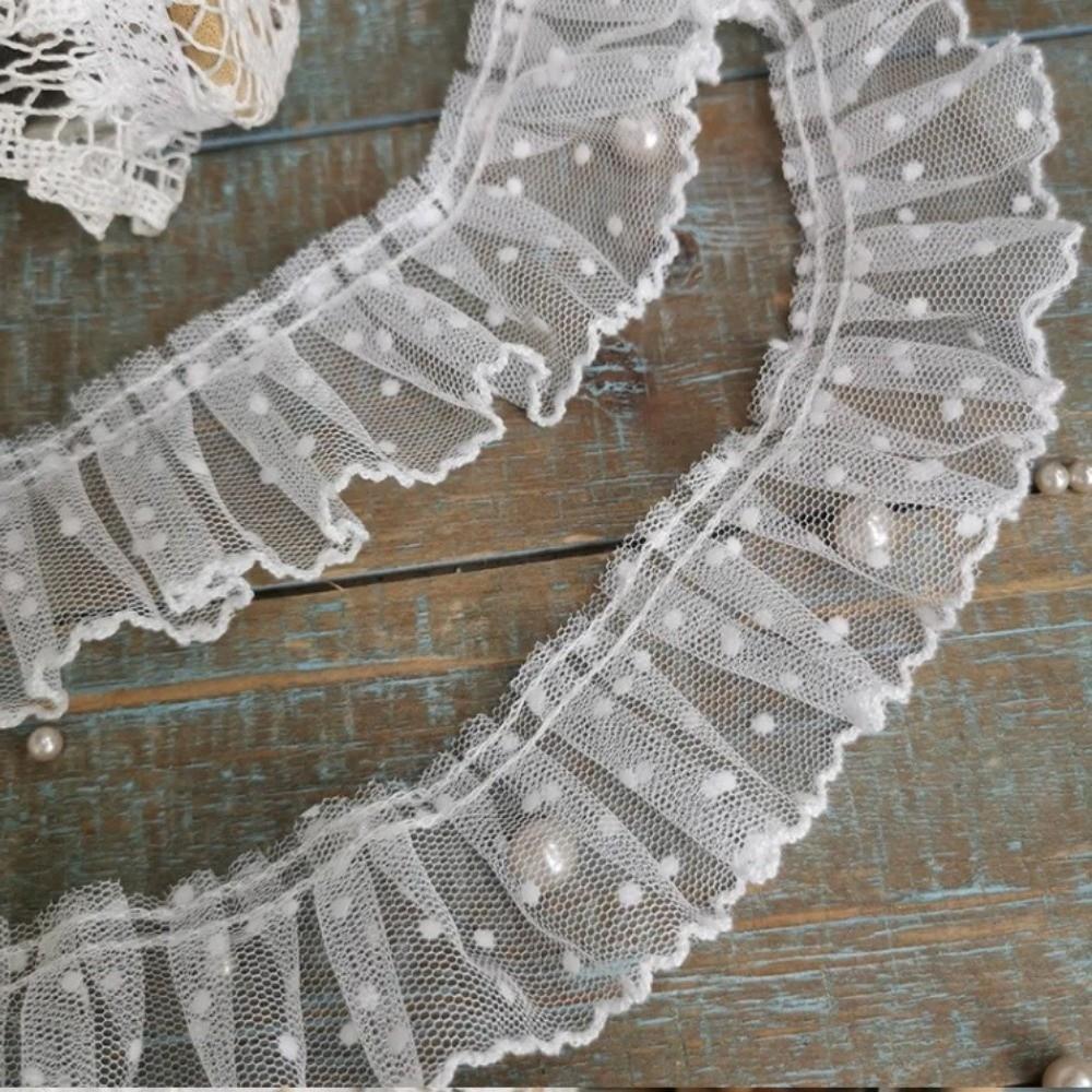 Elegant Pleated Lace Trim Black/White Polka Dot Mesh Ribbon Lace Fabric Ribbon Cuffs